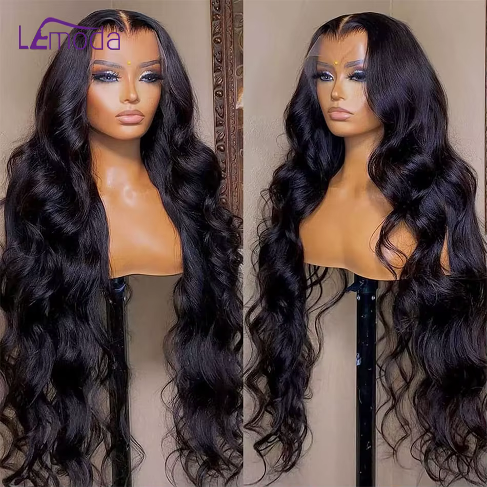 LEMODA − Perruque brésilienne naturelle, avec bonnet en dentelle transparente HD, cheveux vierges, 1