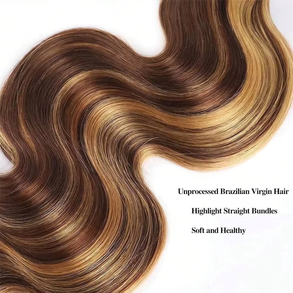 Extensions de Cheveux Humains Naturels Brésiliens Vierges, Ondulés, Ombrés, Couleur Miel Blond P4/27