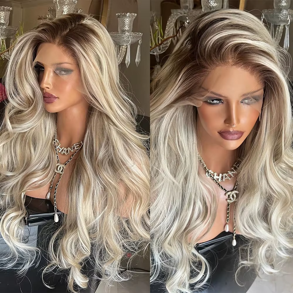 Perruque Lace Front Wig synthétique ondulée de luxe pour femmes, 30 pouces, blond cendré platine, re