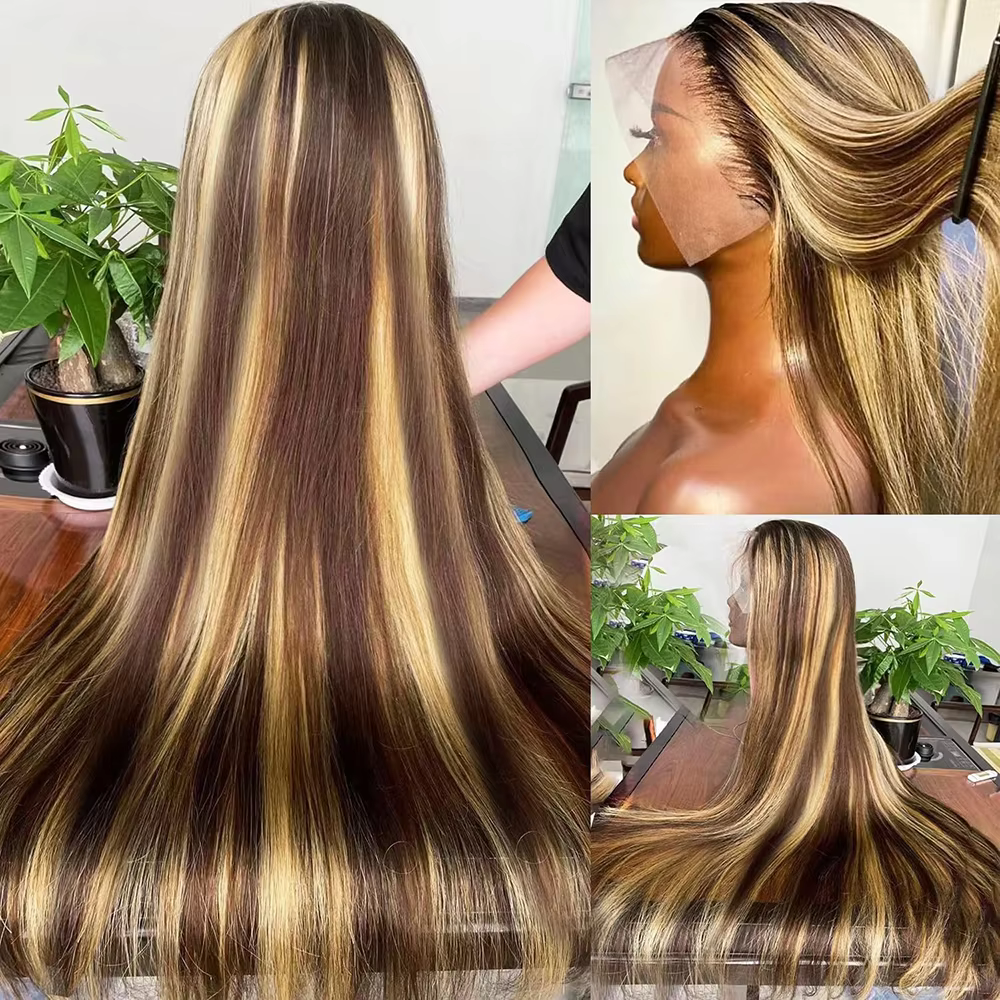 Perruque en cheveux humains 220% Highlight, Lace Front 13x4, lisse, pré-épilée, couleur 4/27, brésil