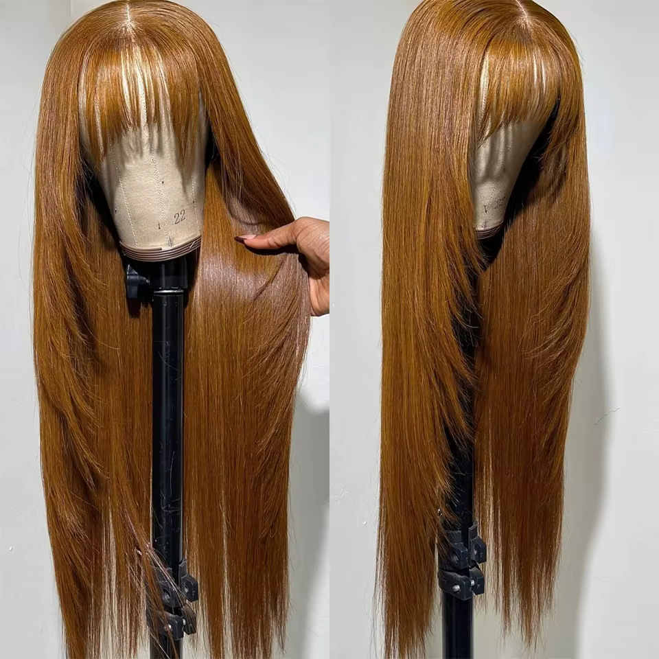 Perruque Lace Front Marron Clair Superposée avec Frange 13x4 HD, Lisse Naturel, Synthétique Résistan