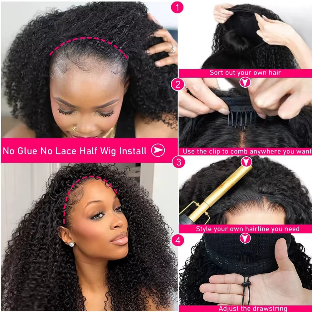 Perruque sans colle 250% en cheveux humains, afro bouclés crépus, avec bandeau, mise à niveau 3 en 1