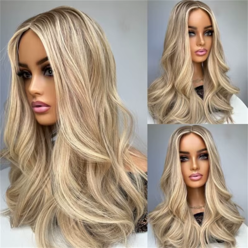 Perruque synthétique 13x4 Ombré Blond Doré Clair avec dentelle HD invisible, longue et ondulée, douc