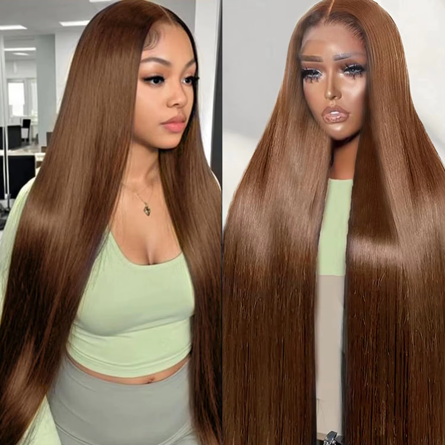 Perruques brésiliennes en cheveux humains lisses brun chocolat de 34-36 pouces, perruque frontale en