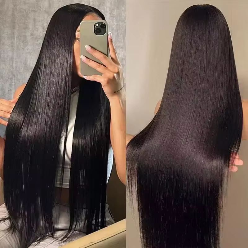Perruques pré-épilées en cheveux humains Remy lisses, longues, densité 200, avec dentelle transparen
