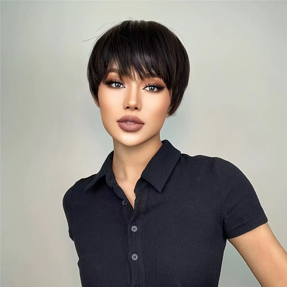 Perruques pour femmes fibre synthétique courte droite bandeau de cheveux frange noir brun cheveux co