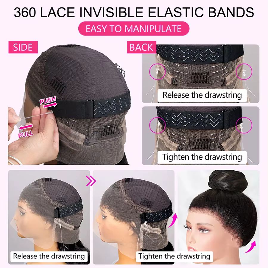Invisi-strap 360 dentelle frontale vague de corps cheveux humains sans colle perruques avec cordon d