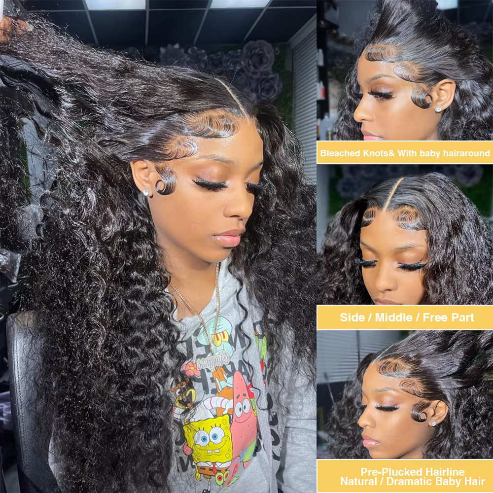 Perruque Deep Wave sans colle pour femme, cheveux humains noirs, perruque Frmetals, dentelle HD, prê