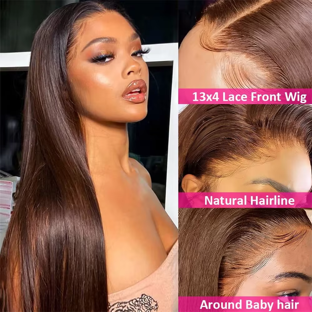 Perruques en cheveux humains lisses avec dentelle HD 13x4, densité 200, couleur chocolat # 4 perruqu