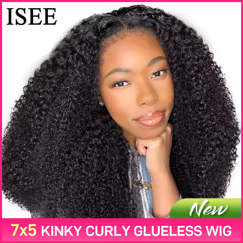ISEE Hair Wear And Go perruques pré-coupées pre-plucked dentelle avant sans colle 7x5 crépus bouclés
