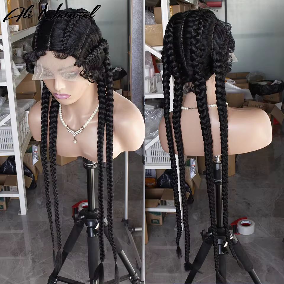 Perruque tressée bordeaux 4 tresses en dentelle, cheveux synthétiques pré-épilés, rouge 99j, perruqu