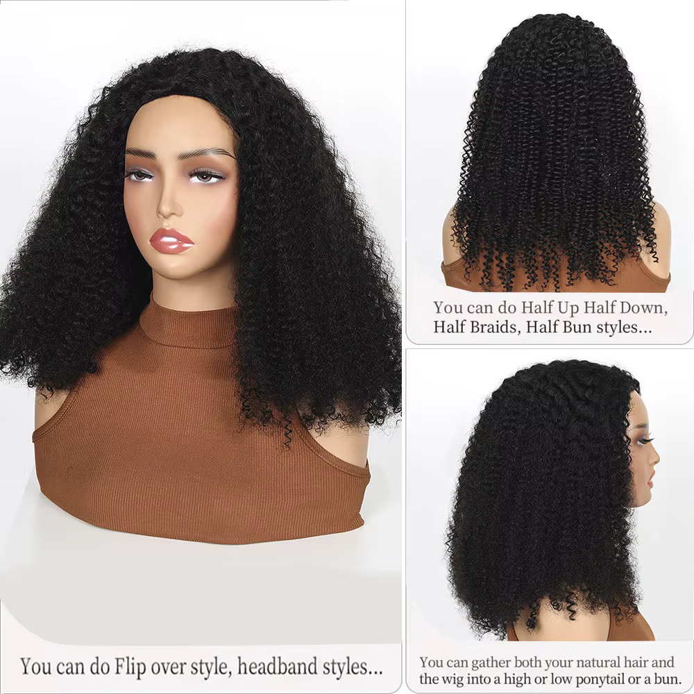 Demi-perruque de cheveux humains crépus bouclés, sans colle, bandeau, mise à niveau 3 en 1, demi-per