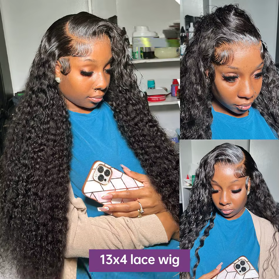 Perruque Lace Front Wig Deep Wave Brésilienne Naturelle Bouclée, Cheveux Humains, 13x4 13x6 HD, 40 4