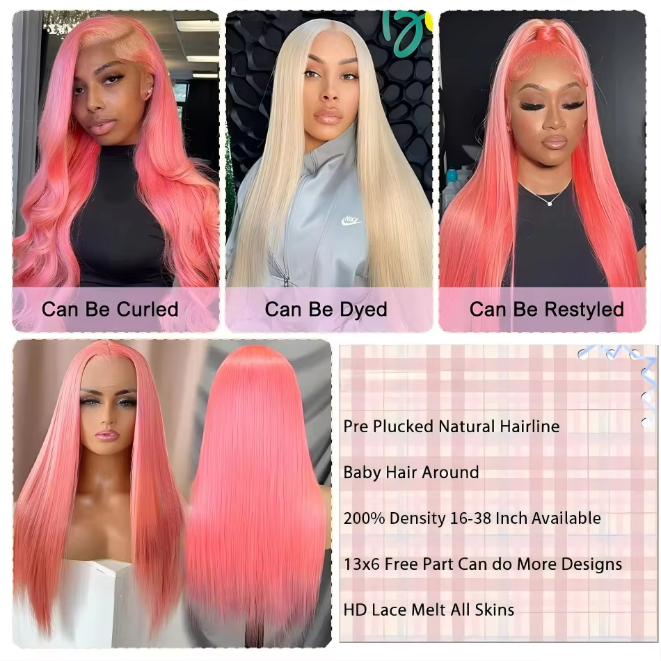 Perruque en cheveux humains rose, ondulée, avec dentelle frontale 13x6 HD, densité 250, cheveux brés