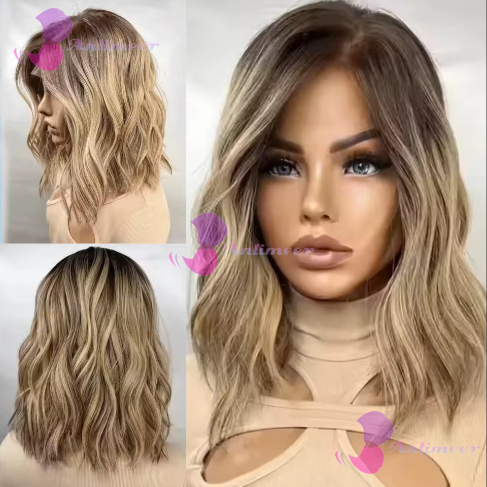 Perruques Courtes Bob Ondulées Naturelles en Cheveux Humains, Brun Blond Mèches, Perruques Lace Fron
