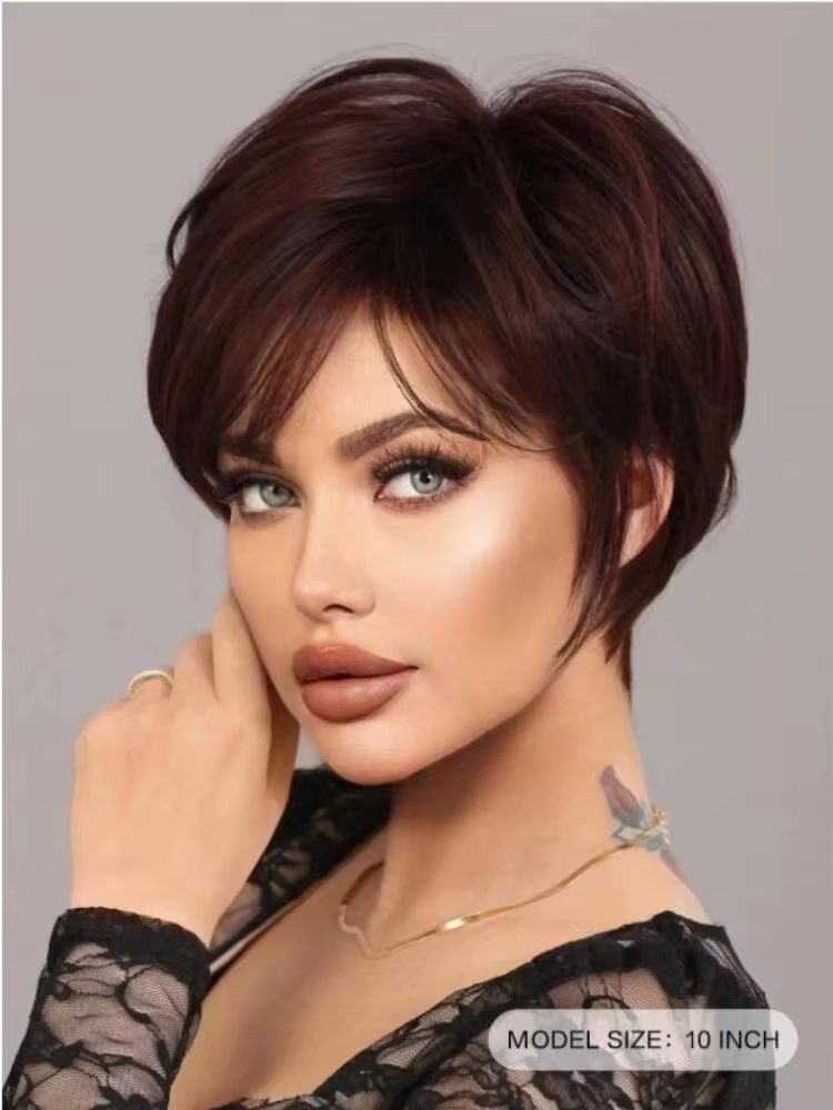 Perruque synthétique courte rouge foncé avec frange, coupe elfe ultraviolette, adaptée aux femmes no