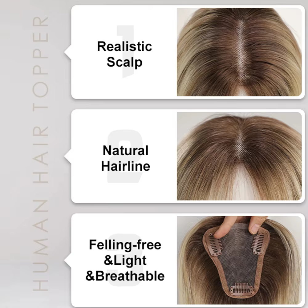 Cendré gris brun 100% Remy cheveux humains Toppers Clips dans les cheveux dentelle Base Topper posti