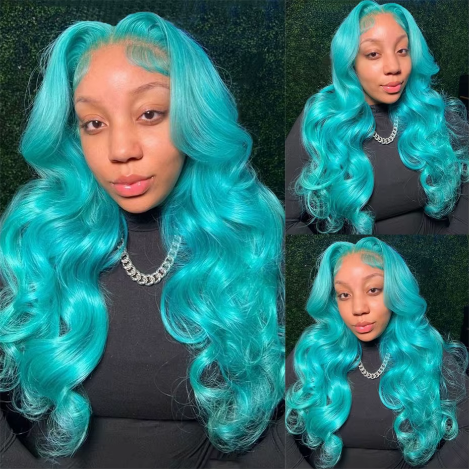 Perruque en cheveux humains bleu sarcelle, ondulée, colorée, avec dentelle frontale pré-épilée 13x6 