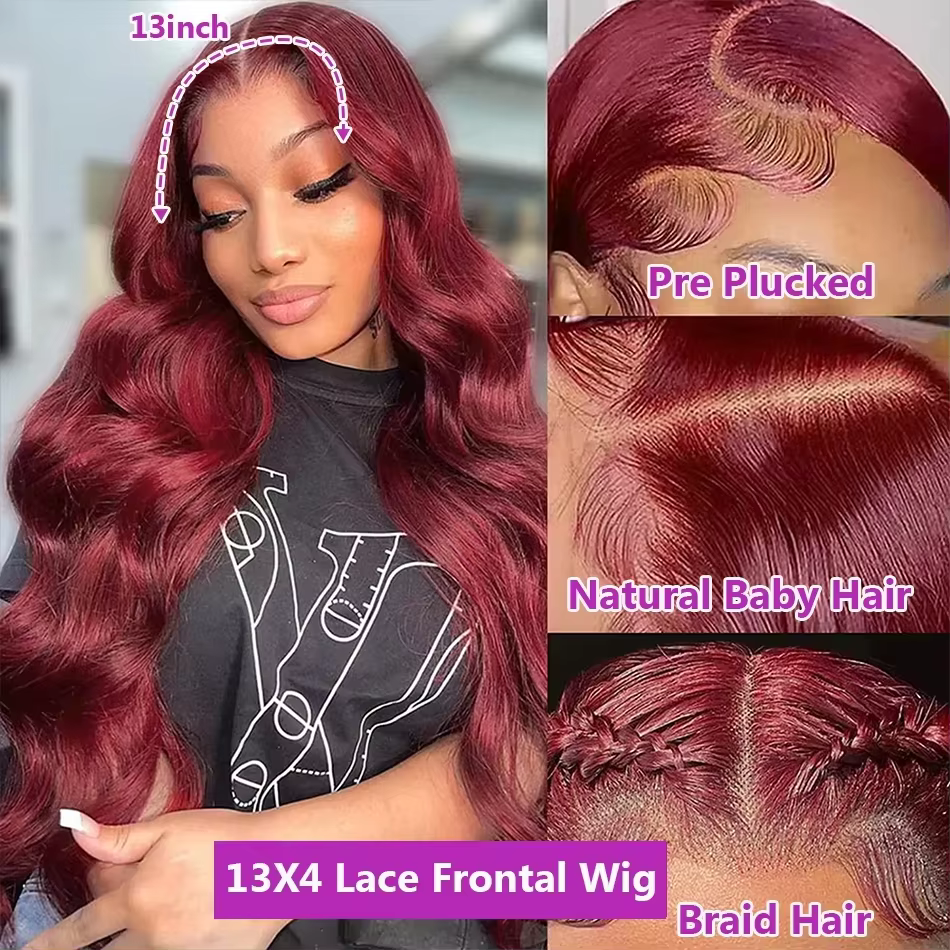 Perruque en cheveux humains ondulés bordeaux 99J, densité 200, avec dentelle frontale HD 13x6, 100% 