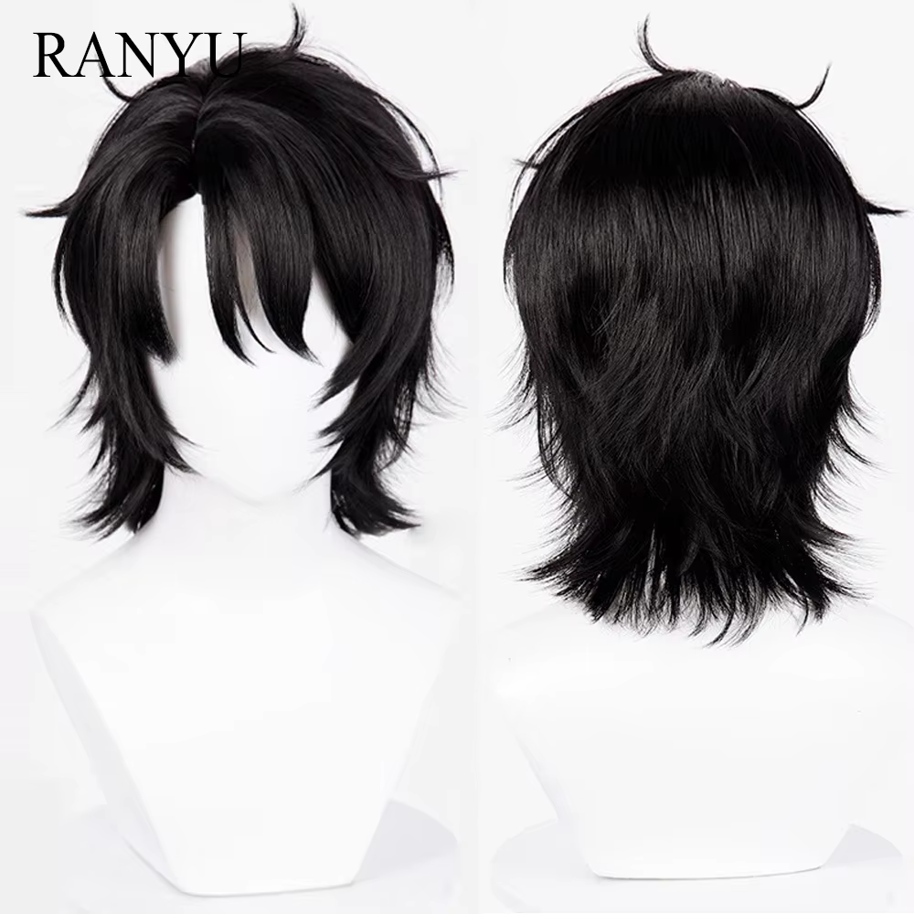 Perruque synthétique courte et lisse noire moelleuse pour hommes, perruque de Cosplay de jeu animé r