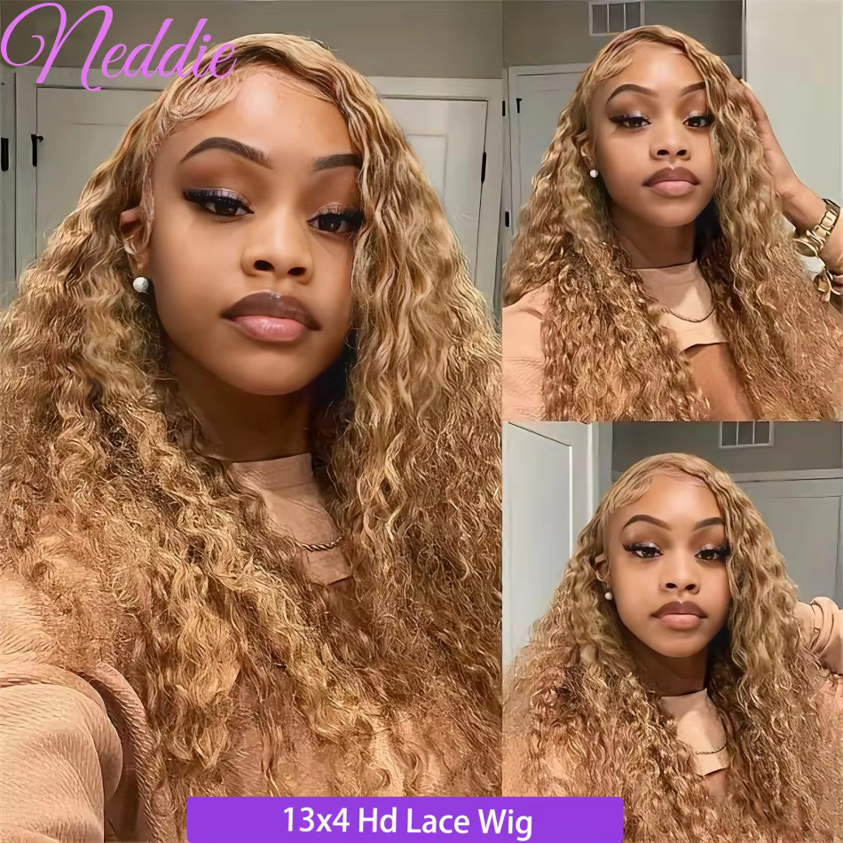 27 # Perruque Lace Frontal Wig naturelle bouclée, cheveux blond miel, 13x4, Deep Wave, 30 34 pouce