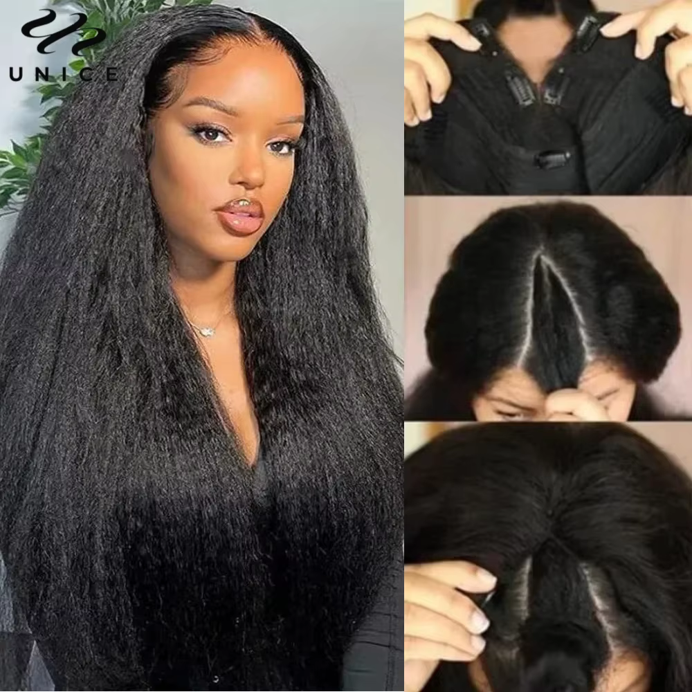 UNice InvisiBlend ™   Perruque Kinky Straight V Part avec cordon de serrage, noir naturel, 100% chev