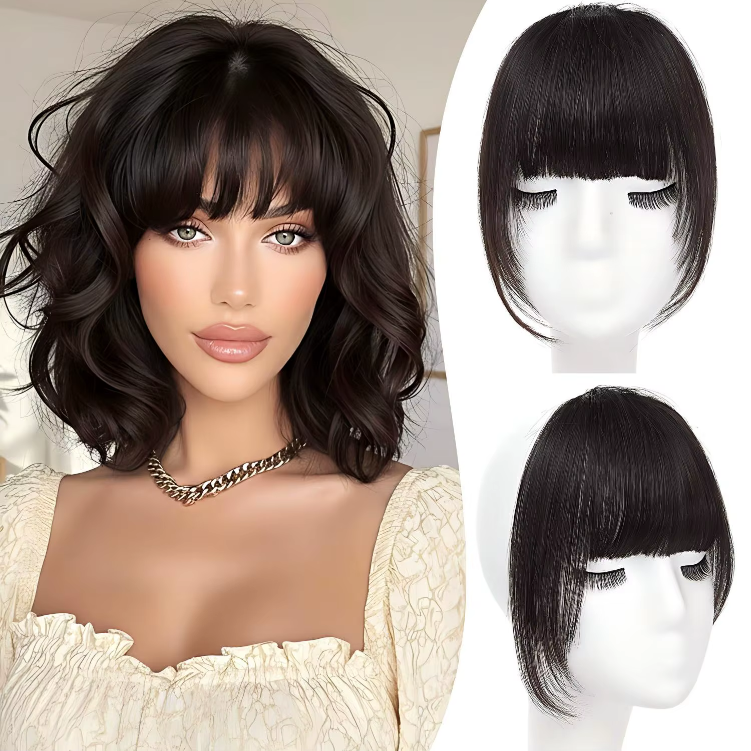 Faux franges à clipser 100% cheveux humains naturels, style rideau courbé à la française, douces et