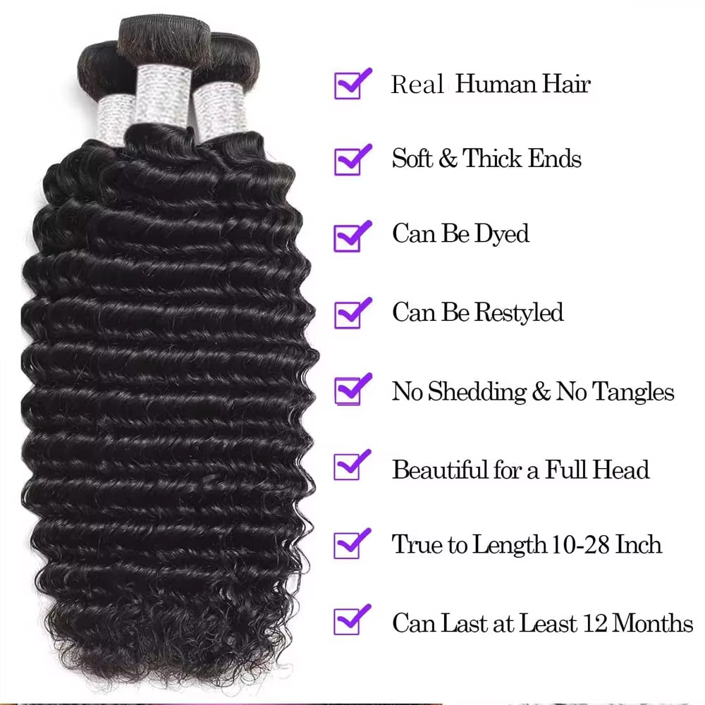 Lots de Cheveux Humains Brésiliens Vierge Ondulés Profonds Non Traités, Grade 1, 3 ou 4 Bundles, Cou