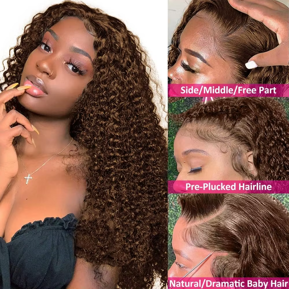 Perruque Deep Wave Lace Front Wig Remy naturelle, cheveux bouclés, brun chocolat, 13x6 HD, 13x4, 180