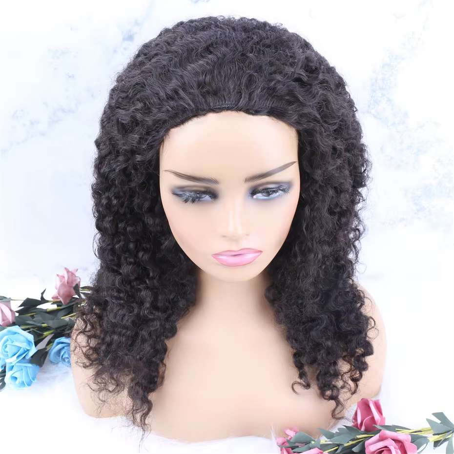 Perruques mi-tête en cheveux humains bruts birmans bouclés haute densité 300 avec cordon de serrage,
