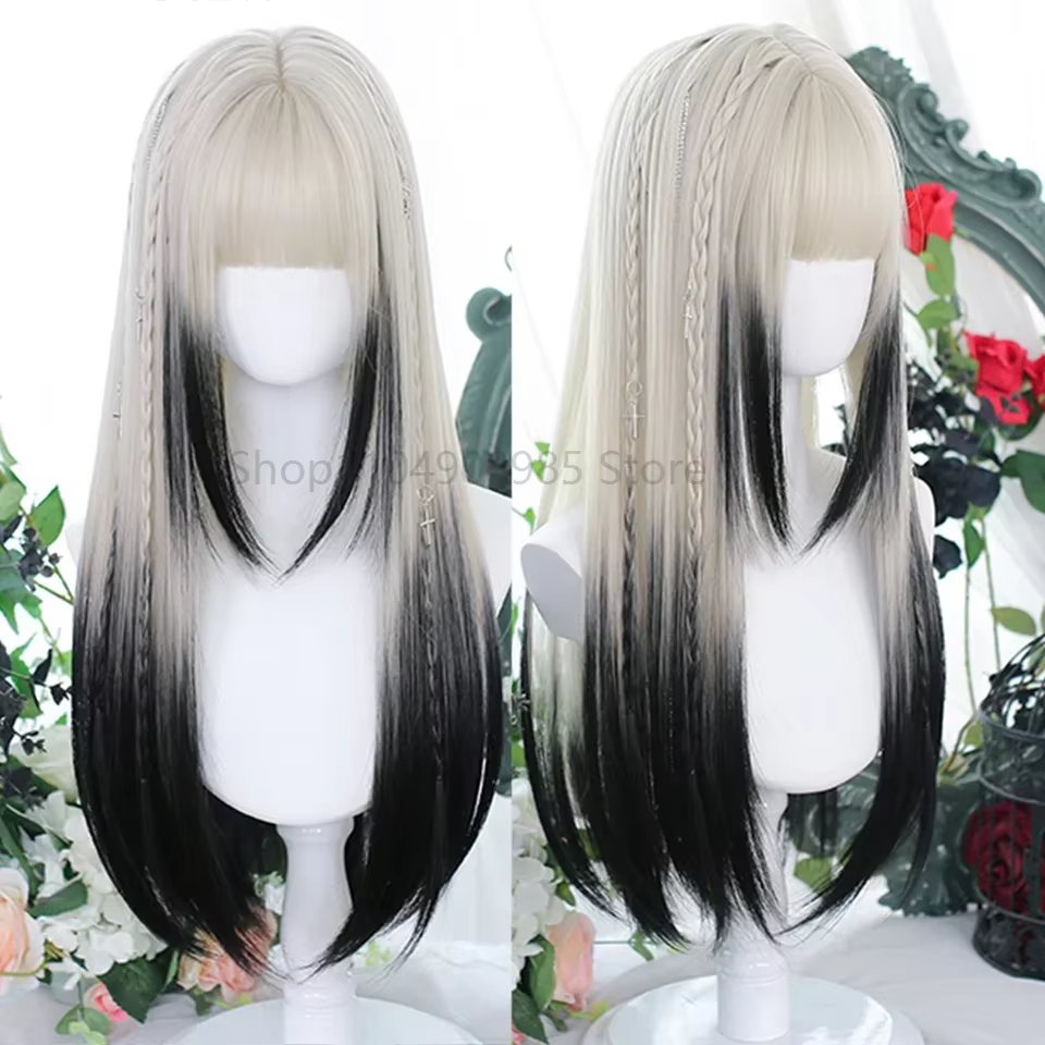 Perruque synthétique longue et lisse pour femmes, perruque gris dégradé argenté, perruque cosplay lo