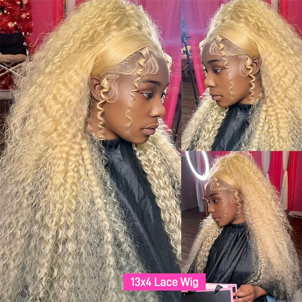 Perruque Lace Front Wig Deep Wave Brésilienne Naturelle, Cheveux Bouclés, Blond Miel 613, 13x6, 13x4