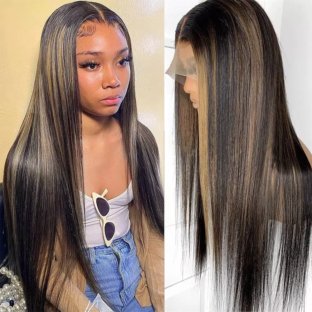 Perruque Lace Front Wig naturelle lisse à reflets 1b30, cheveux lisses noirs avec dégradé marron, 13