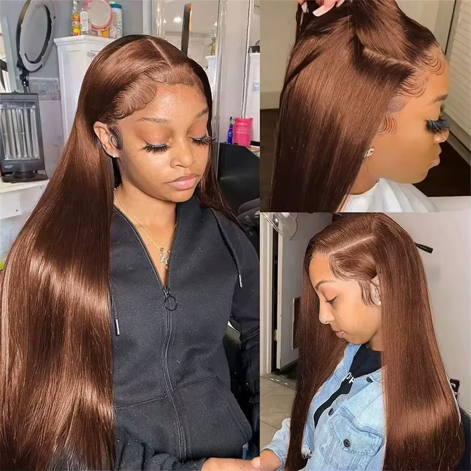 Perruques en cheveux humains lisses couleur chocolat avec dentelle frontale pour femmes, pré-épilées