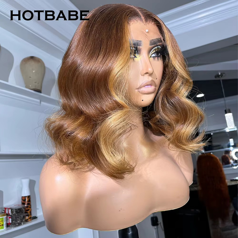 Perruque Lace Front Wig brésilienne naturelle, cheveux lisses, à reflets blond miel, ombré 4/30, san