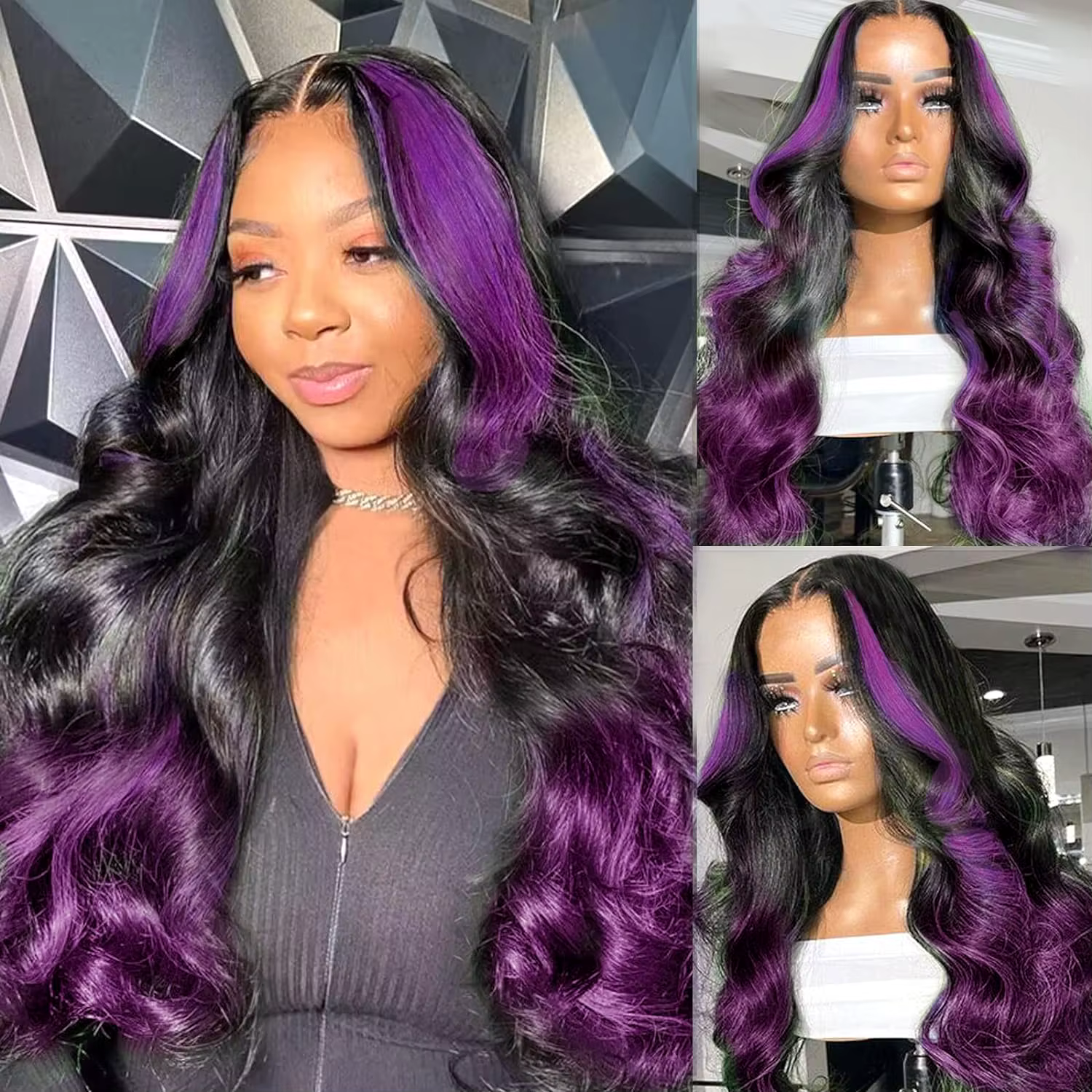 Perruques Lace Front Ombré Violet 13x4 à Rayures, Cheveux Humains Ondulés, Mèches Violet Foncé, Perr