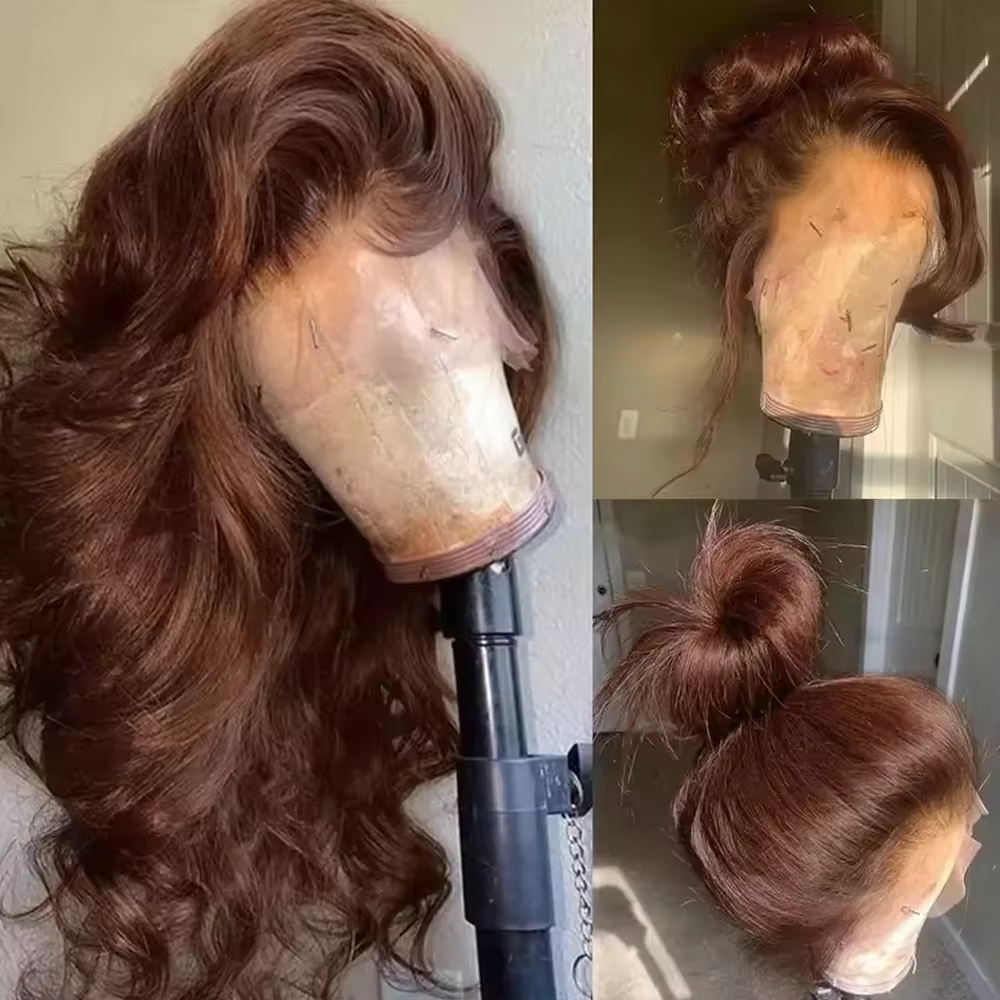 Perruques à dentelle frontale Body Wave brun chocolat, cheveux humains pré-épilés, cheveux vierges b