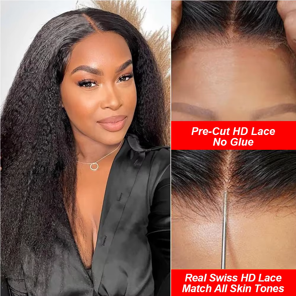 Yaki Kinky Straight Perruques de cheveux humains pour femmes, Perruque sans colle, 100% cheveux huma