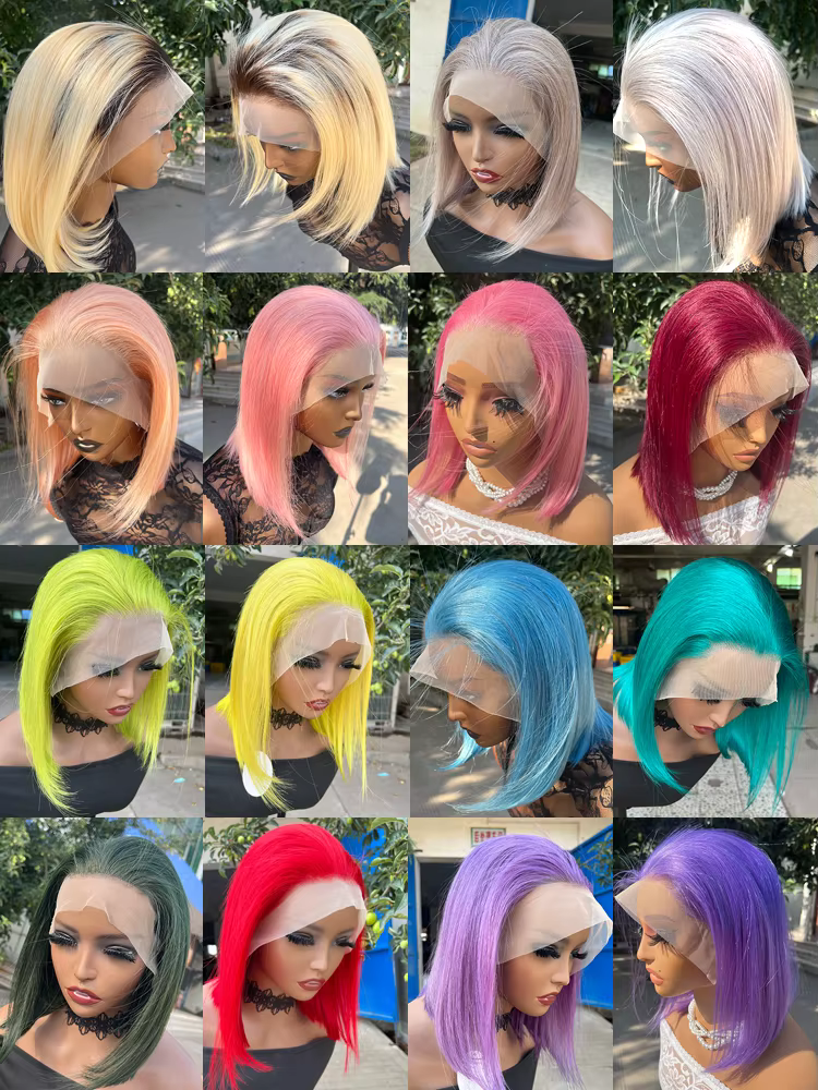 Perruque Bob brésilienne naturelle lisse, cheveux courts, couleur Rose, 13x4, Lace Front Wig transpa
