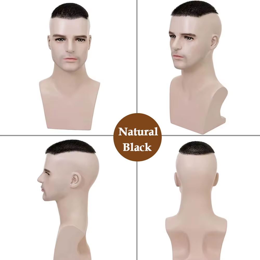 Toupet en PU ultra fin pour hommes, 100% cheveux humains, coupe buzz, dessus noir transparent, proth