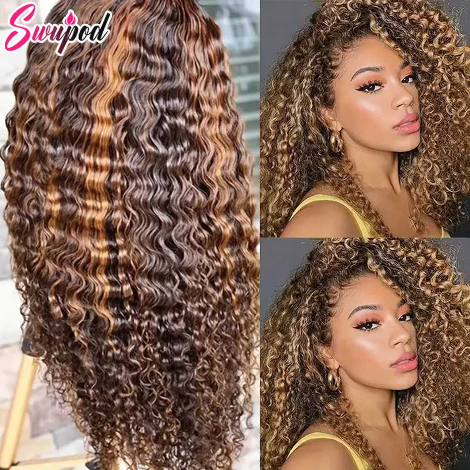 Perruque Full Lace Wig sans colle naturelle Remy, cheveux bouclés, balayage piano ombré, 13x6 HD, 13