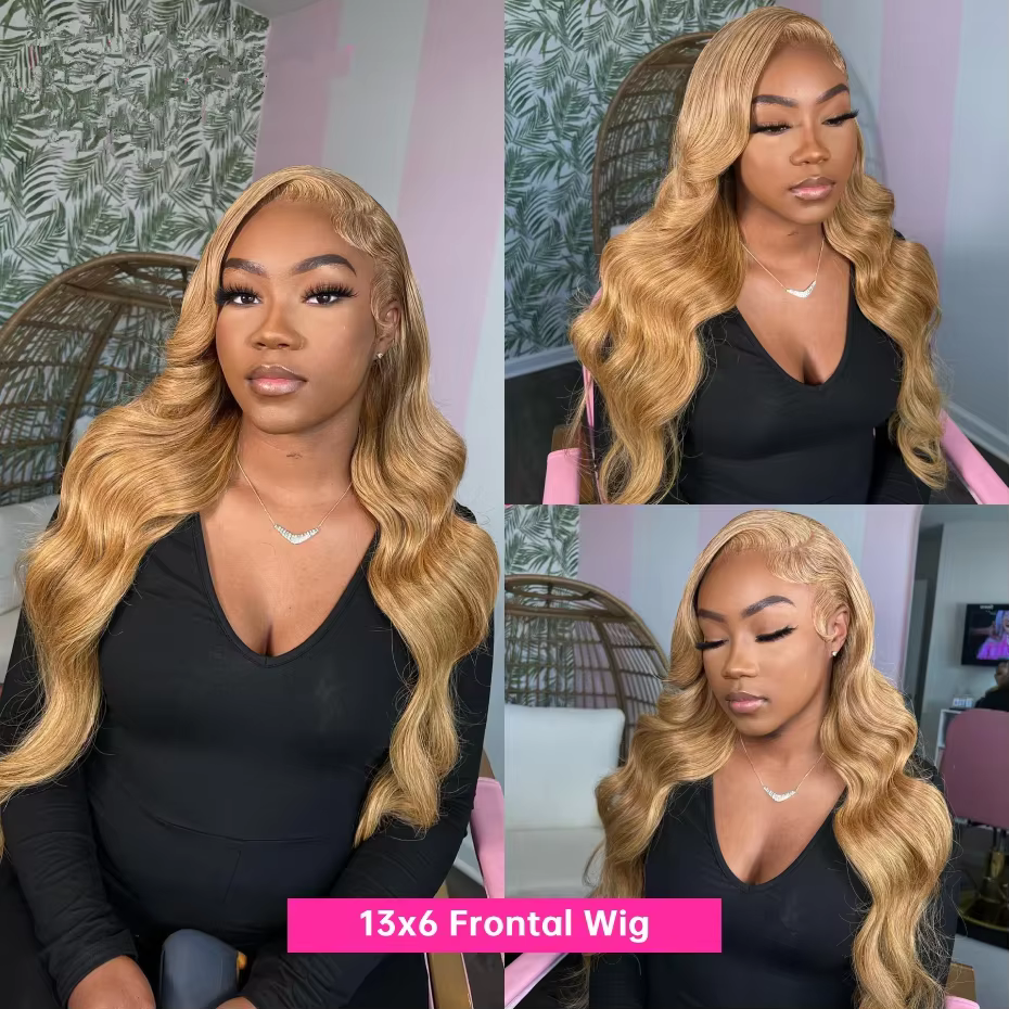 Perruque Lace Front Wig Body Wave brésilienne naturelle, cheveux humains, couleur blond miel, 13x4,