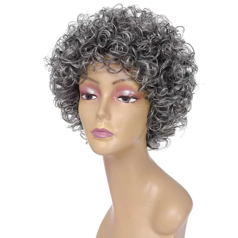 Perruque complète en cheveux humains bouclés courts gris-gris de haute qualité, 6 pouces, brésilienn