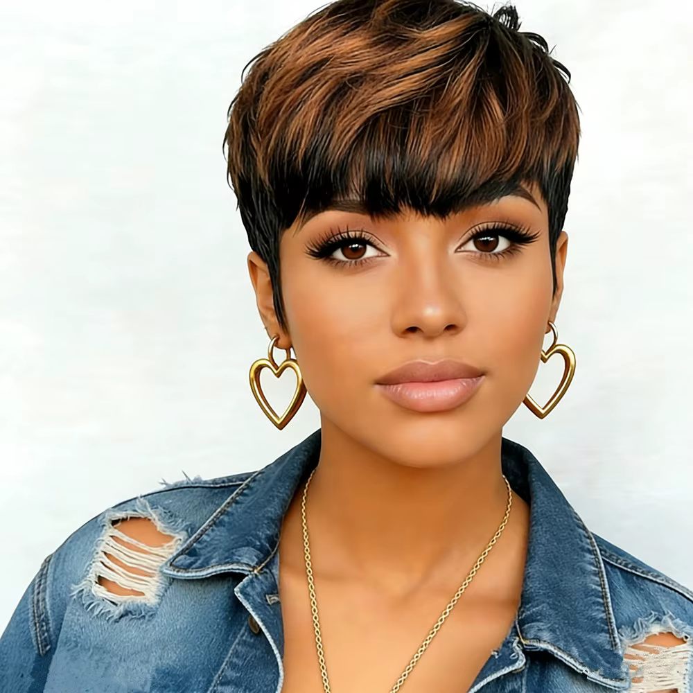 Perruque pixie à 150% de densité, 6 pouces, couleur brun/99j/noir naturel, coupe pixie, perruque fab