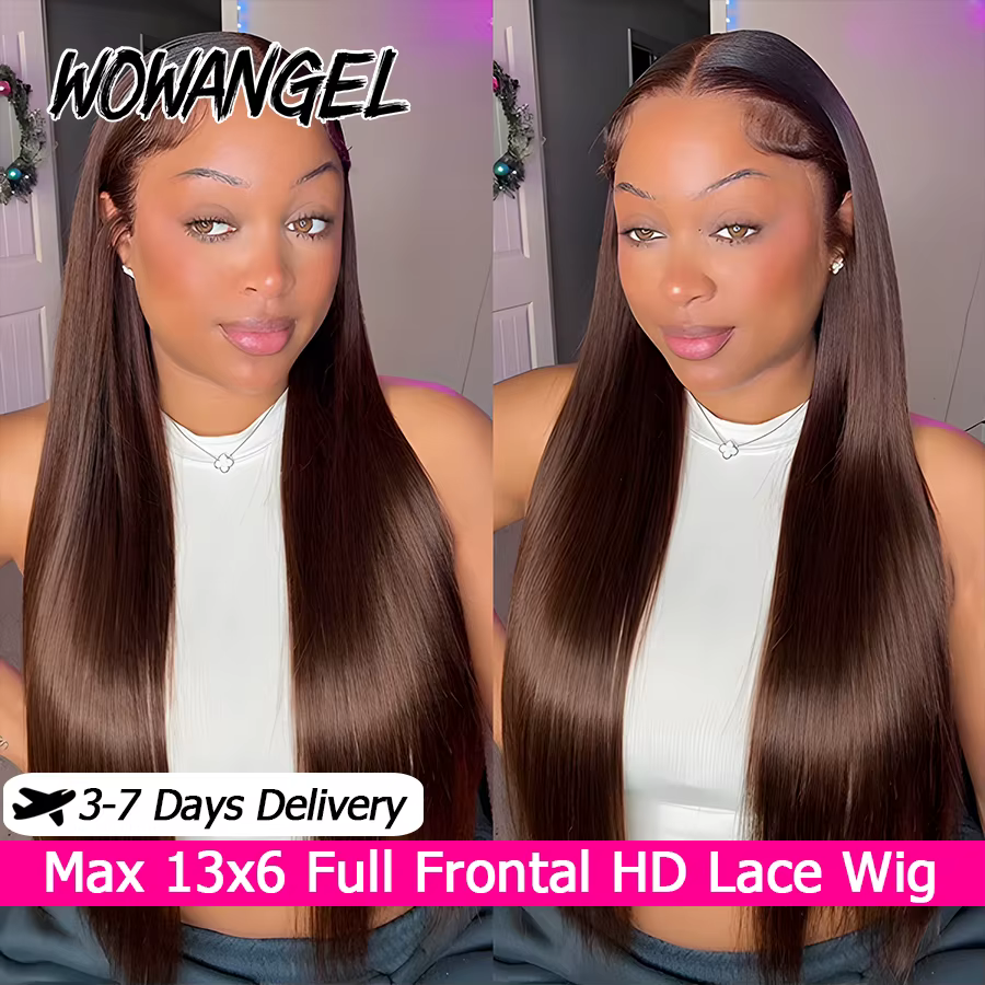 WOWANGEL Perruques en cheveux humains lisses brun chocolat, Lace Frontale Complète HD 13x6, Pré-épil