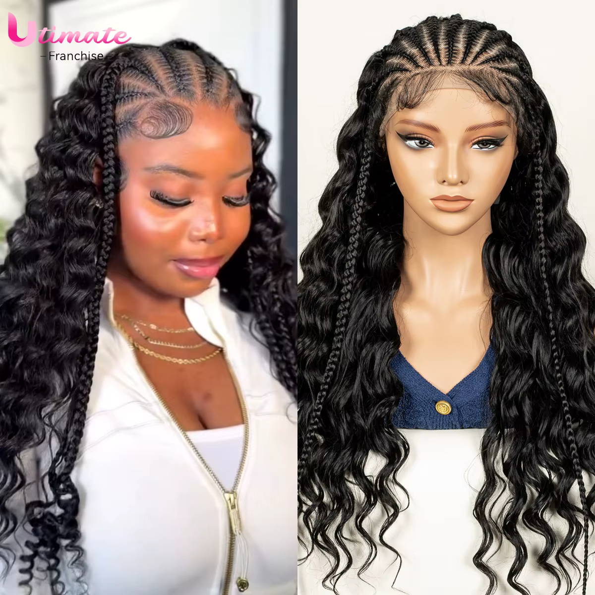 Fulani perruque tressée avec cheveux mi-bouclés synthétique 13x6 Transparent dentelle avant perruque
