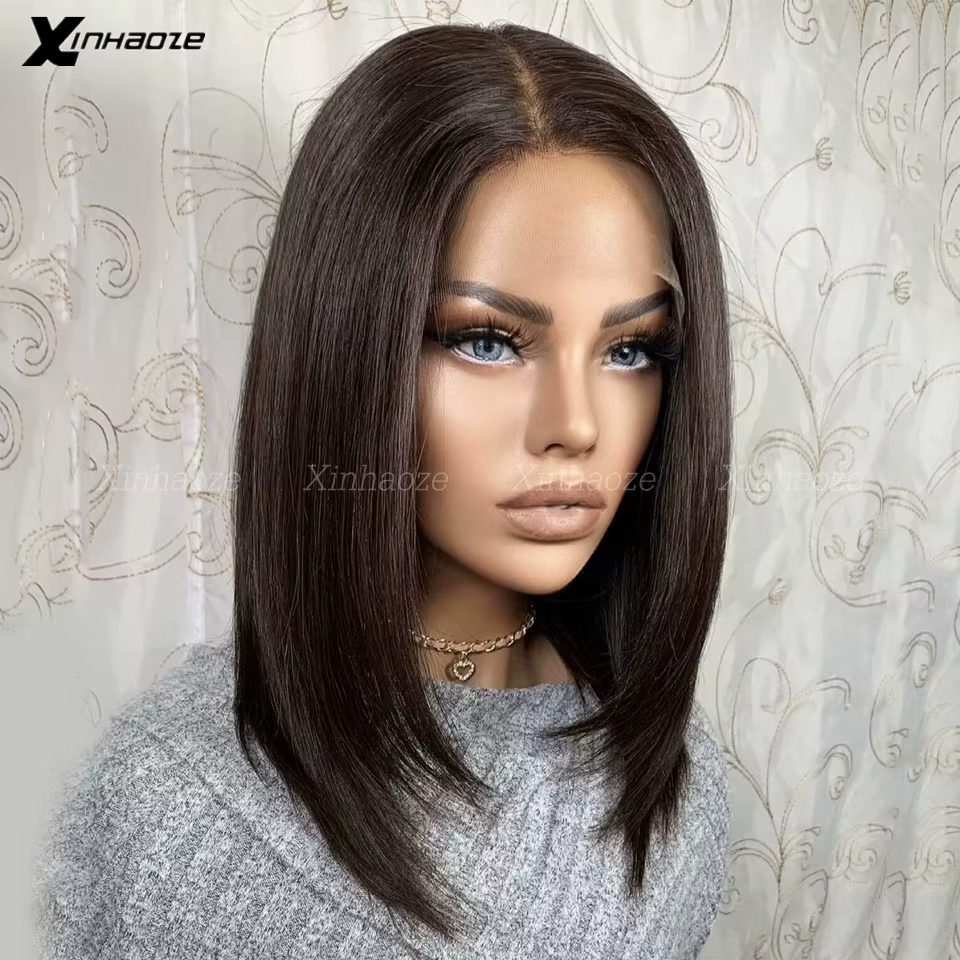 Perruque Bob Lace Wig brésilienne Remy naturelle, cheveux courts lisses, brun foncé #2, 13x4/13x6