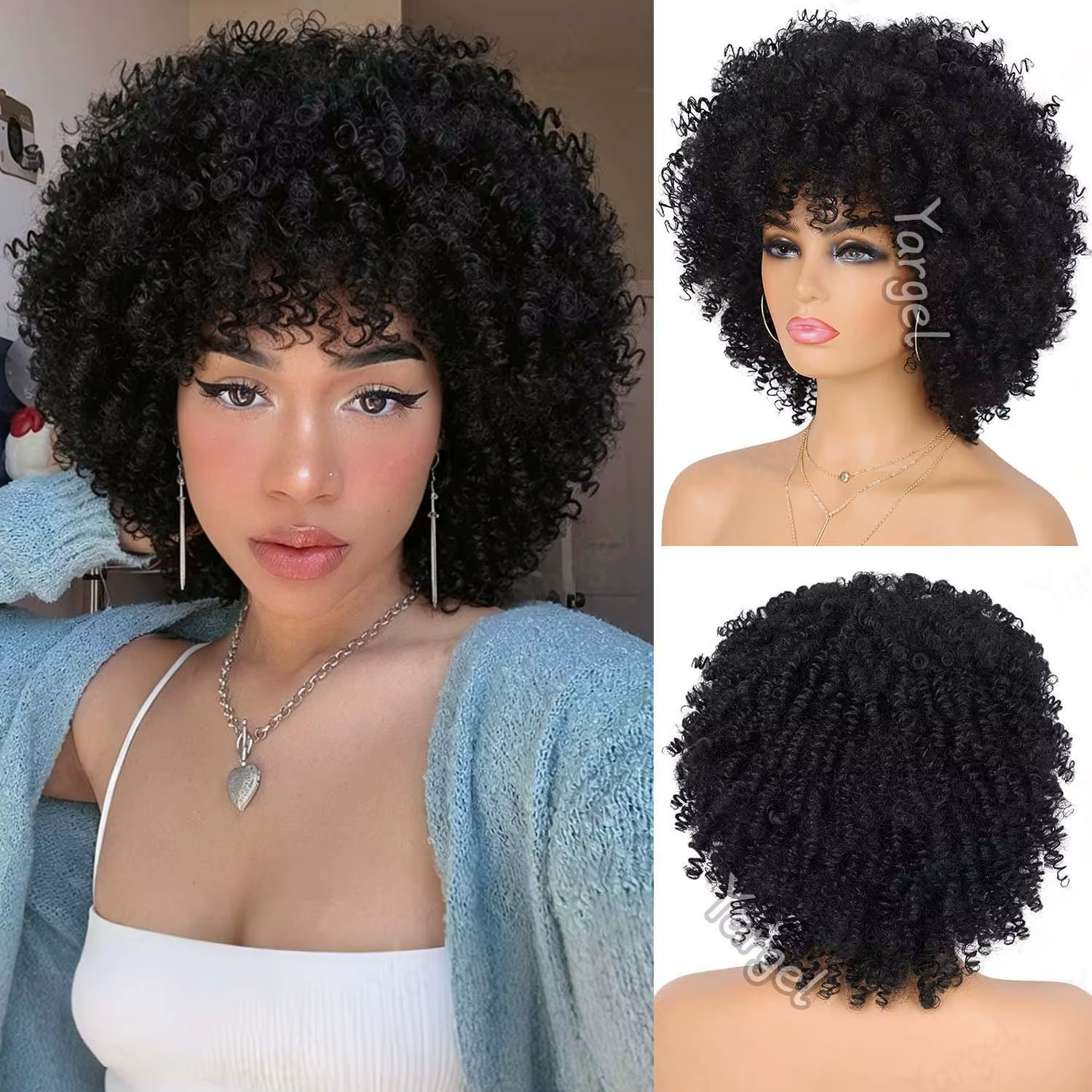 Perruque synthétique afro bouclée avec frange, 8 pouces, perruque afro crépue bouclée pour femmes no
