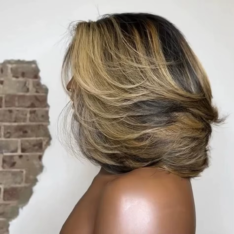 Perruque Bob Courte Ombrée Noire et Blonde, Effet Vague d'Eau, Cheveux Humains Sans Colle, Perruque