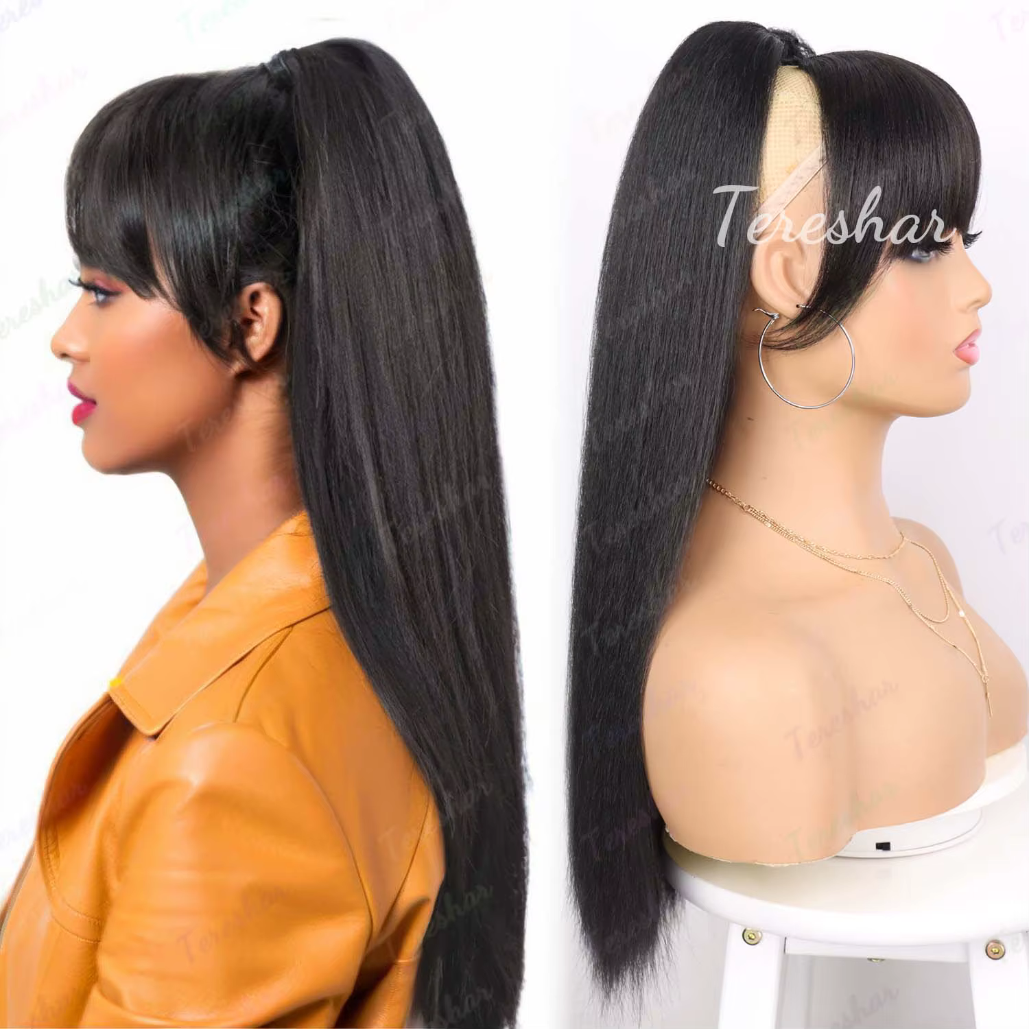 Extension de queue de cheval synthétique avec frange pour femmes noires Yaki cordon droit queue de c